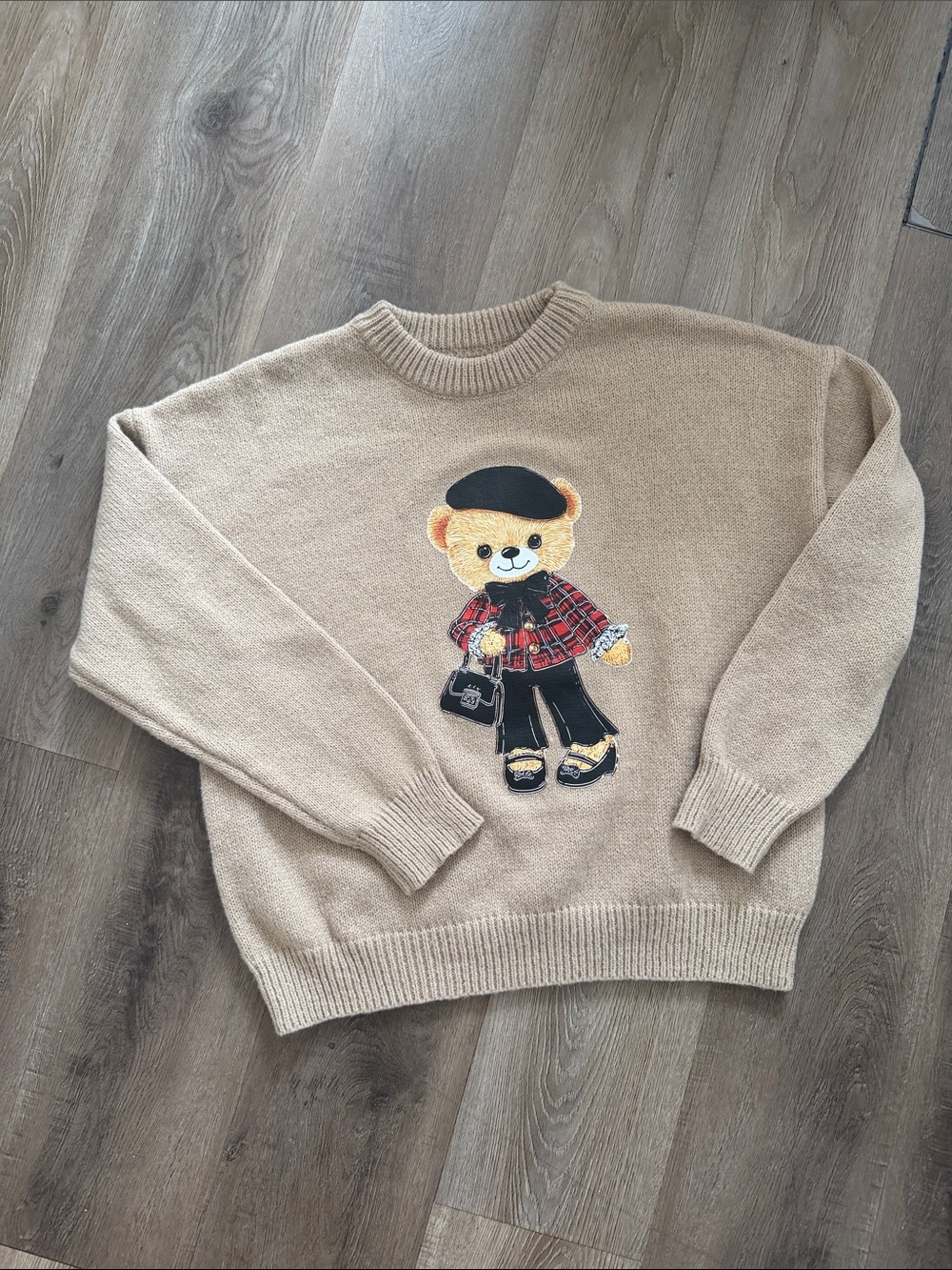 Beige Bear Patch Crewneck Sweater - Women's Cozy Pullover